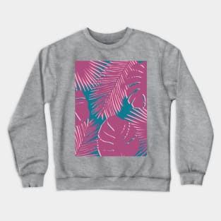 Tropical, Palm Leaves, Monstera Leaves in Magenta Pink and Teal Crewneck Sweatshirt